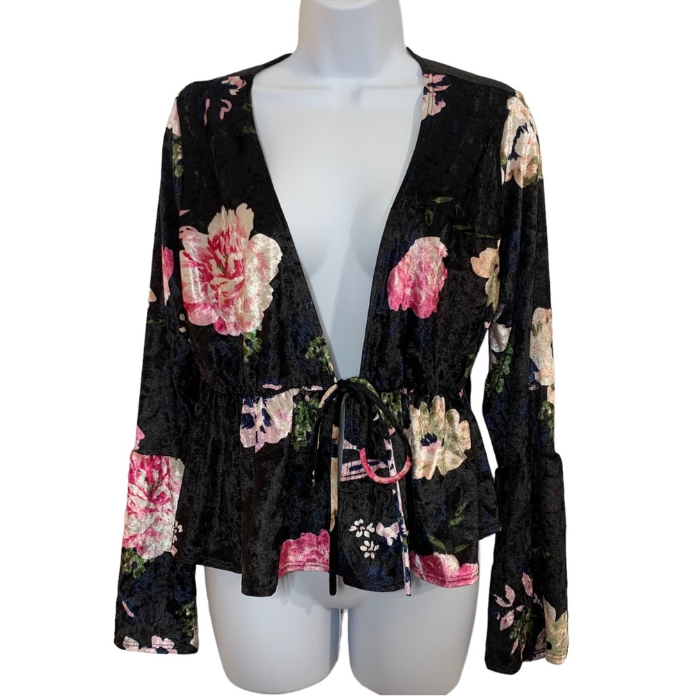 BLUE LEOPARD Rose Print Tie Front Bell Sleeve Crop Sweater Sz 1X